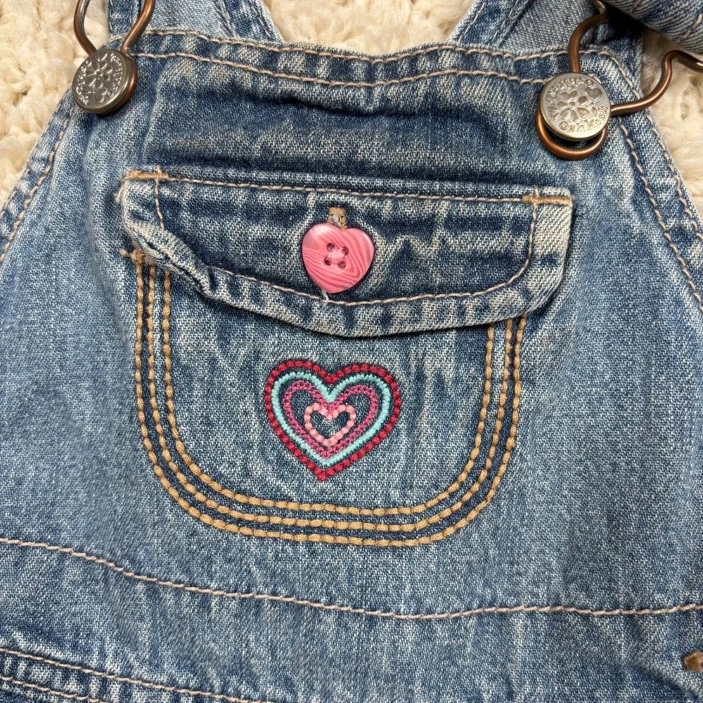 OshKosh B'gosh Baby Girl Denim Overalls Heart‎ Bird Tree Embroidery 9 Months